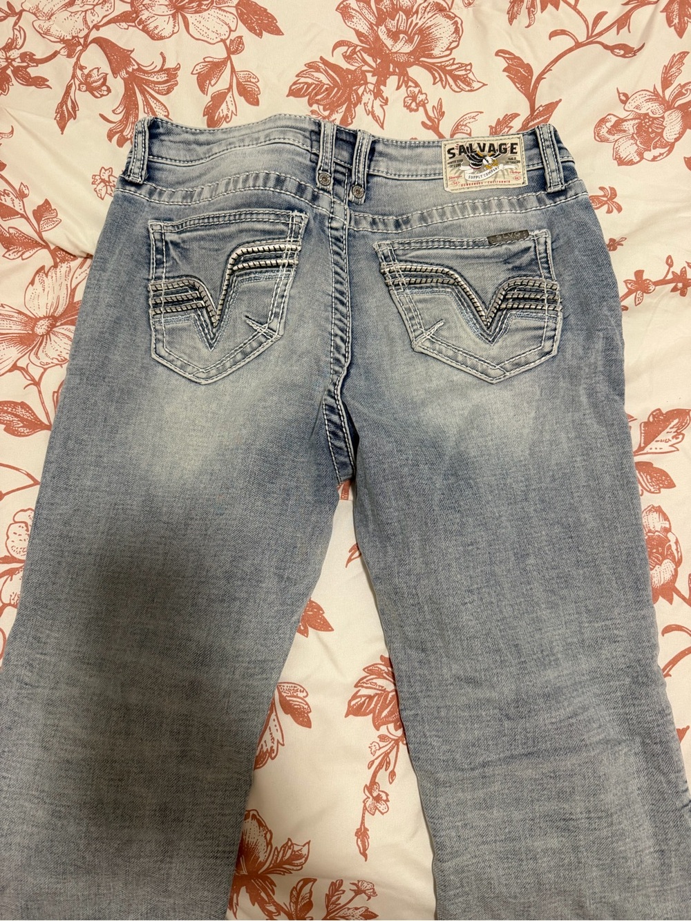 Salvage Light Blue Boot Cut Jeans with Embroidered Back Pockets